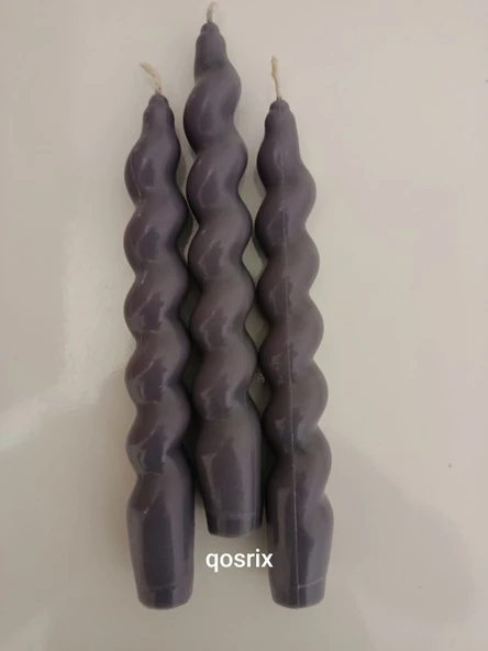 qosrix 3'lü Gri Italyan Burgulu Şamdan Soya Mumu Doğal Kokulu Uzun Çubuk Konik Burgu Spiral Mum Dekoratif - 3