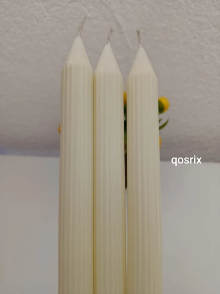 qosrix 3'lü Açık Krem Şamdan Soya Mumu 1. Kalite Soya Doğal Pudra Kokulu Uzun Çubuk Konik Mum Dekoratif - 2