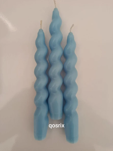 qosrix 3'lü Açık Mavi Italyan Burgulu Şamdan Soya Mumu Doğal Kokulu Uzun Çubuk Konik Burgu Spiral Mum Dekoratif - 3