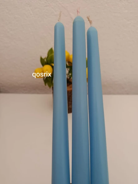 qosrix 3'lü Açık Mavi Şamdan Soya Mumu 1. Kalite Soya Doğal Pudra Kokulu Uzun Çubuk Konik Mum Dekoratif - Resim 2