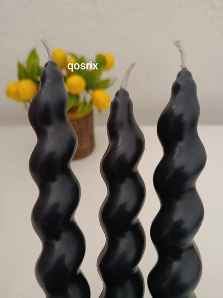 qosrix 3'lü Antrasit Gri Italyan Burgulu Şamdan Soya Mumu Doğal Kokulu Uzun Çubuk Konik Burgu Spiral Mum Dekoratif