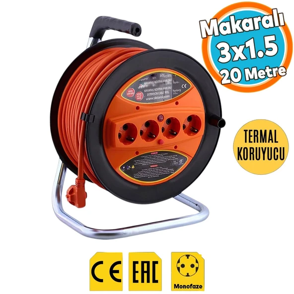 Seyyar Makaralı Uzatma Kablosu CCA 3x1.5 mm 20 Metre Termal Sigortalı Plastik 4 Prizli Monofaze