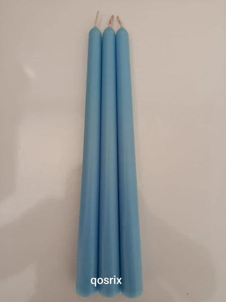 qosrix 3'lü Açık Mavi Şamdan Soya Mumu 1. Kalite Soya Doğal Pudra Kokulu Uzun Çubuk Konik Mum Dekoratif - Resim 6