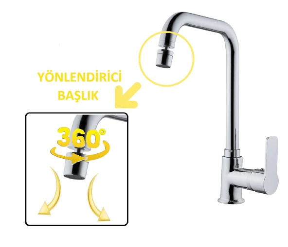 MUTFAK EVYE BATARYASI KROM MODERN 360 DERECE DÖNEBİLİR HAREKETLİ BAŞLIK PRİNÇ GÖVDE GARANTİ L MUSLUK - 3