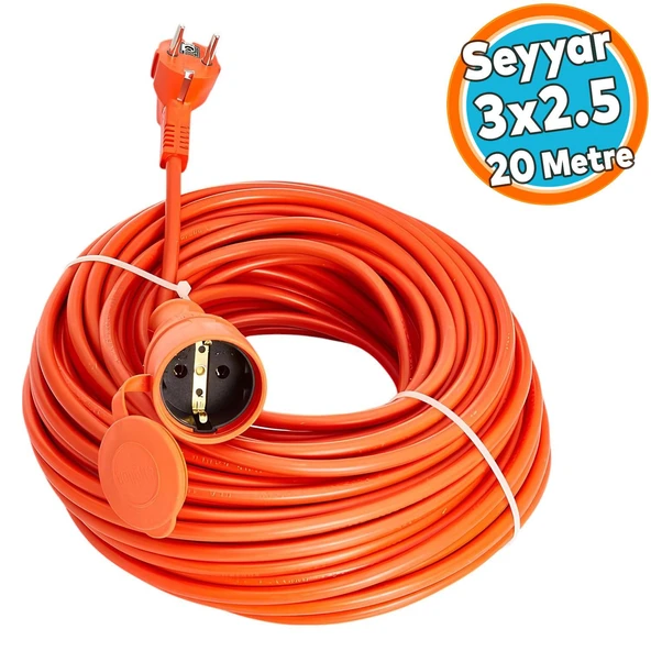Seyyar Uzatma Kablosu Cca Turuncu 3x2.5 Mm 20 Metre Dış mekan Kablo Prizli Bahçe İçin Suya Dayanıklı