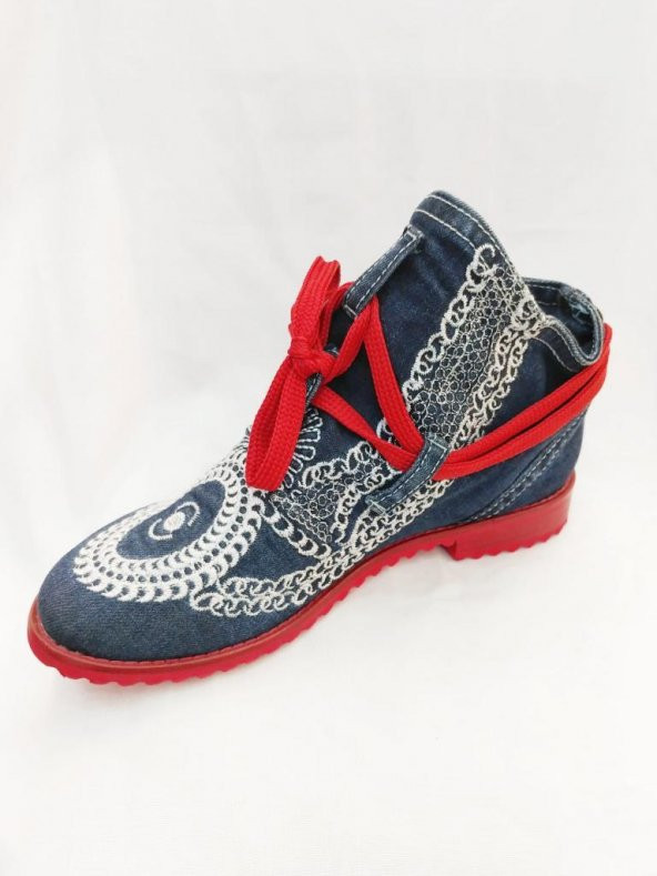 Kadın Kot Bot Nakış Desenli Kırmızı Tabanlı Tarz Bot - 3