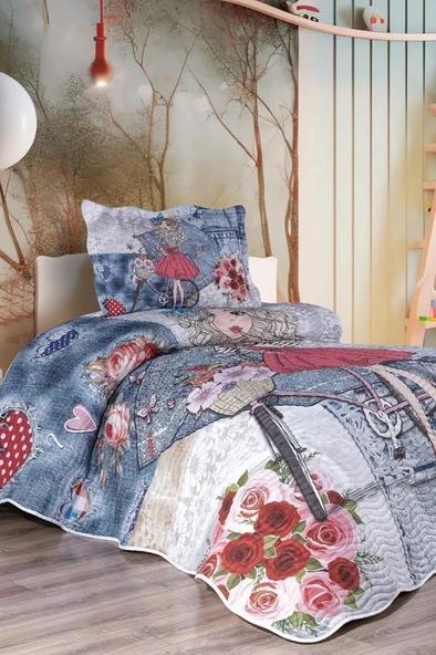 Çiçekçi Kız Genç ve Çocuk Baskılı Tek Kişilik Yatak Örtüsü Mavi ürün görseli