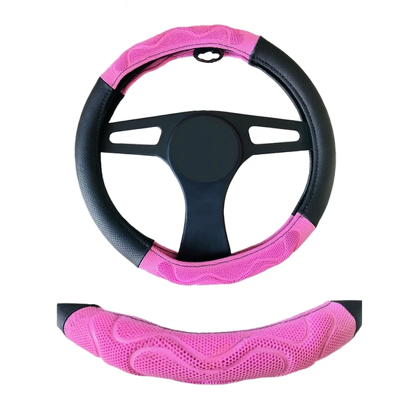 Deri Silikon Direksiyon Kılıfı Geçme 4 Parça Siyah Pembe - 2