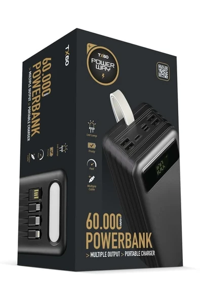 Powerway TX60 60.000 mAh Çoklu Çıkış Dijital Göstergeli Ekstra Kablolu Powerbank