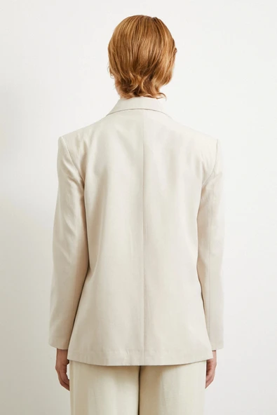 Çift Düğmeli Keten Blazer Ceket Krem - 6