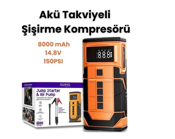 Kablosuz Şarjlı Taşınabilir Araç Akü Takviyeli, Powerbank Destekli Oto Hava Kompresörü