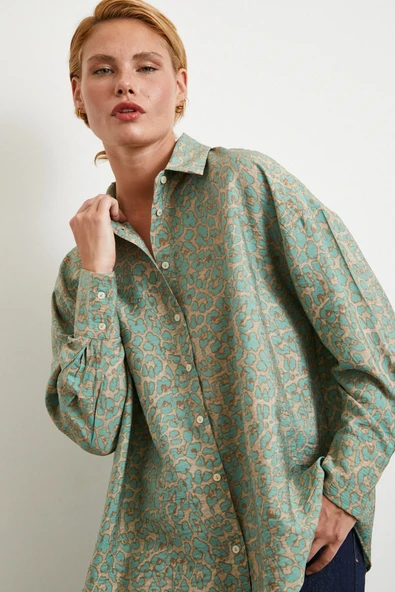 Leopar Desen Javanez Gömlek Fuşya - Resim 4