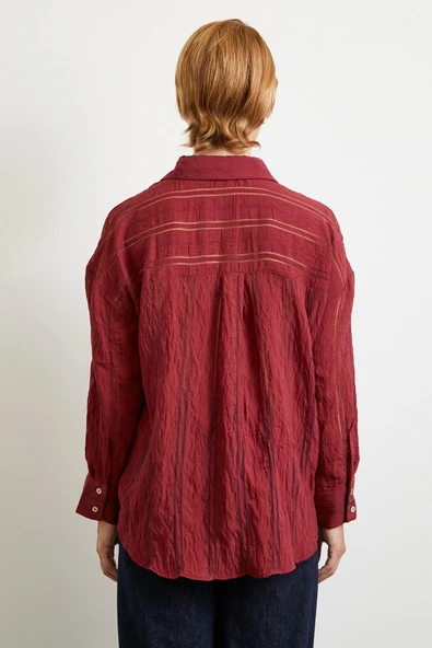 Organze Çizgili Gömlek Bordo - Resim 5
