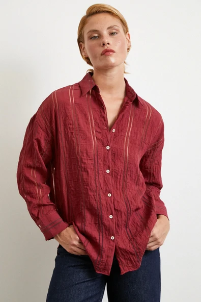Organze Çizgili Gömlek Bordo ürün görseli