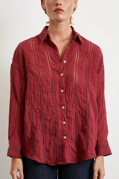 Organze Çizgili Gömlek Bordo - Resim 3