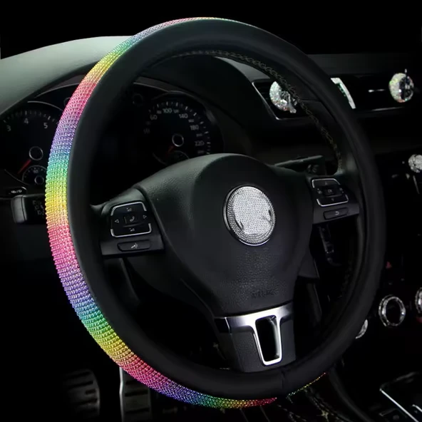 Gökkuşağı Taşlı Geçmeli Direksiyon Kılıfı-Siyah Derili