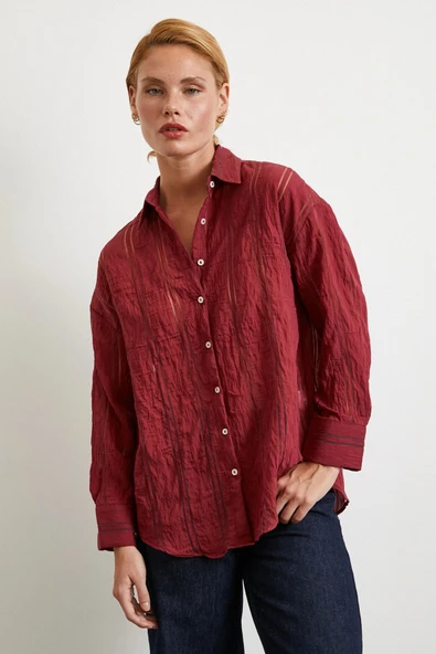Organze Çizgili Gömlek Bordo - Resim 2