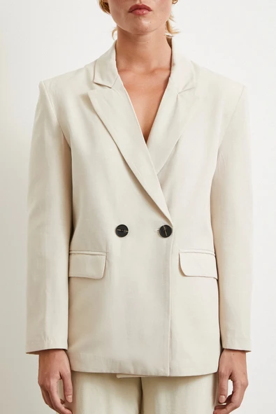 Çift Düğmeli Keten Blazer Ceket Krem - 5
