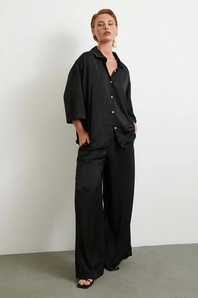 Dökümlü Romantik Pantolon Siyah - Resim 3