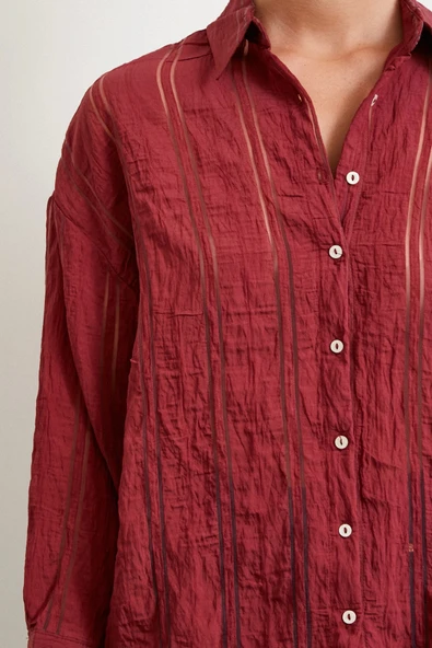 Organze Çizgili Gömlek Bordo - Resim 4