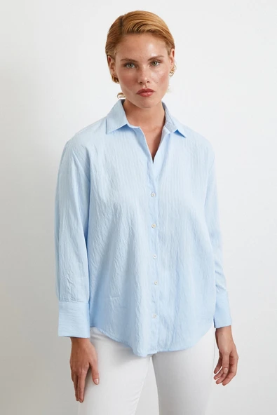 Paralel Çizgili Gömlek Mavi - Resim 3