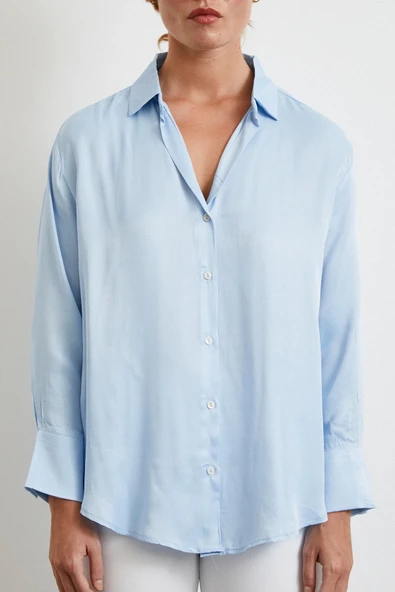 Viskon Saten Gömlek Mavi - Resim 4