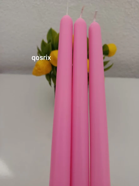 qosrix 3'lü Pudra Pembe Şamdan Soya Mumu 1. Kalite Doğal Pudra Kokulu Uzun Çubuk Konik Mum Dekoratif - 2