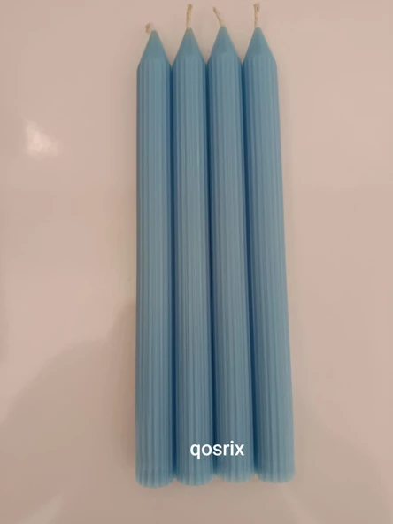 qosrix 4'lü Açık Mavi Şamdan Soya Mumu 1. Kalite Soya Doğal Pudra Kokulu Uzun Çubuk Konik Mum Dekoratif