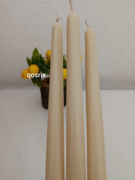 qosrix 3'lü Krem Şamdan Soya Mumu 1. Kalite Soya Doğal Pudra Kokulu Uzun Çubuk Konik Mum Dekoratif - Resim 3
