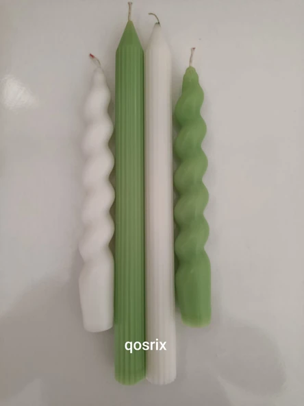 qosrix 4'lü Beyaz Açık Yeşil Italyan Burgulu Şamdan Soya Mumu Doğal Kokulu Uzun Çubuk Konik Burgu Spiral Mum