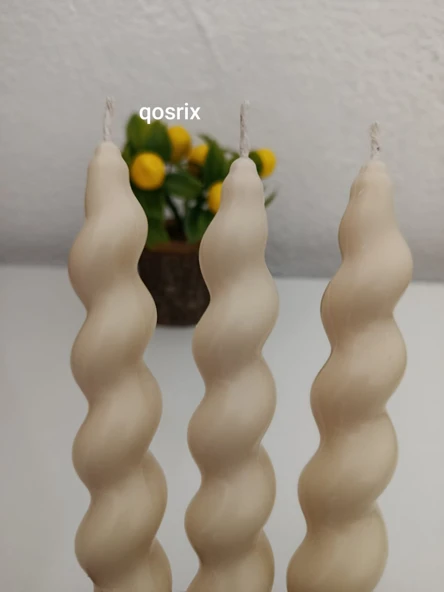 qosrix 3'lü Krem Italyan Burgulu Şamdan Soya Mumu Doğal Kokulu Uzun Çubuk Konik Burgu Spiral Mum Dekoratif - 5