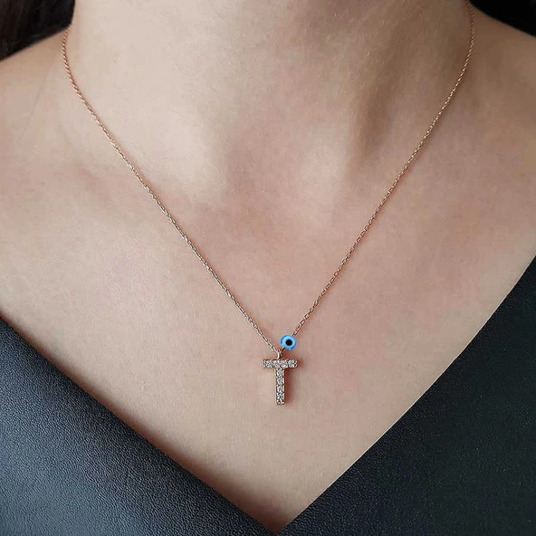 Gümüş Rose 3 Boyutlu Nazarlı Harf Bayan Kolye - Resim 2