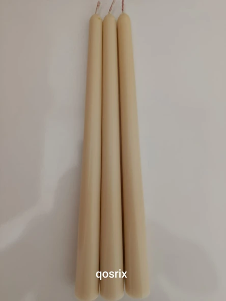 qosrix 3'lü Krem Şamdan Soya Mumu 1. Kalite Soya Doğal Pudra Kokulu Uzun Çubuk Konik Mum Dekoratif - Resim 4
