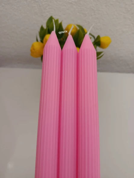 qosrix 3'lü Pudra Pembe Şamdan Soya Mumu 1. Kalite Doğal Pudra Kokulu Uzun Çubuk Konik Mum Dekoratif - 3