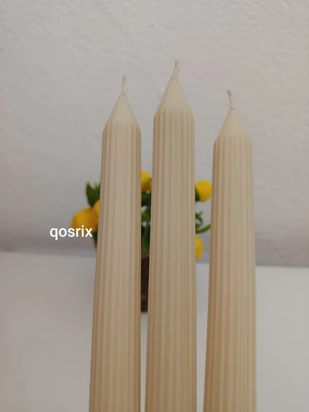 qosrix 3'lü Krem Şamdan Soya Mumu 1. Kalite Soya Doğal Pudra Kokulu Uzun Çubuk Konik Mum Dekoratif - 3