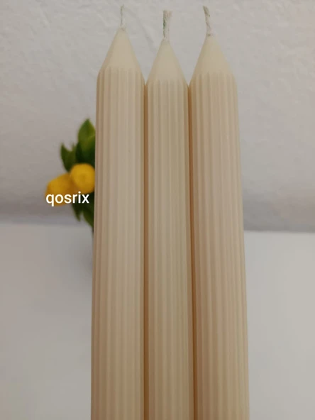 qosrix 3'lü Krem Şamdan Soya Mumu 1. Kalite Soya Doğal Pudra Kokulu Uzun Çubuk Konik Mum Dekoratif - 2