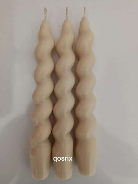 qosrix 3'lü Krem Italyan Burgulu Şamdan Soya Mumu Doğal Kokulu Uzun Çubuk Konik Burgu Spiral Mum Dekoratif - 7