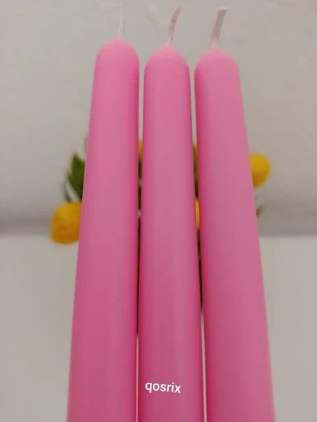 qosrix 3'lü Pudra Pembe Şamdan Soya Mumu 1. Kalite Doğal Pudra Kokulu Uzun Çubuk Konik Mum Dekoratif - 3