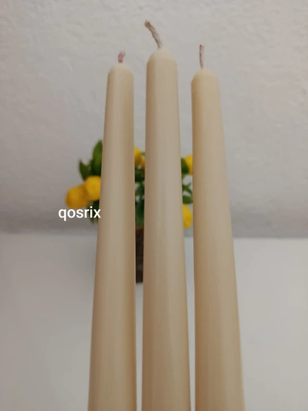 qosrix 3'lü Krem Şamdan Soya Mumu 1. Kalite Soya Doğal Pudra Kokulu Uzun Çubuk Konik Mum Dekoratif - Resim 2
