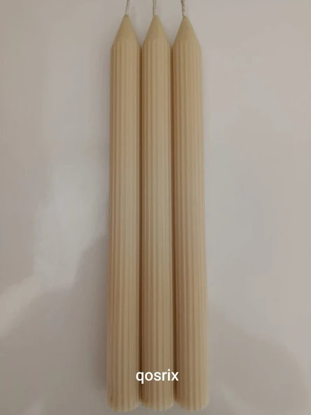 qosrix 3'lü Krem Şamdan Soya Mumu 1. Kalite Soya Doğal Pudra Kokulu Uzun Çubuk Konik Mum Dekoratif - 4