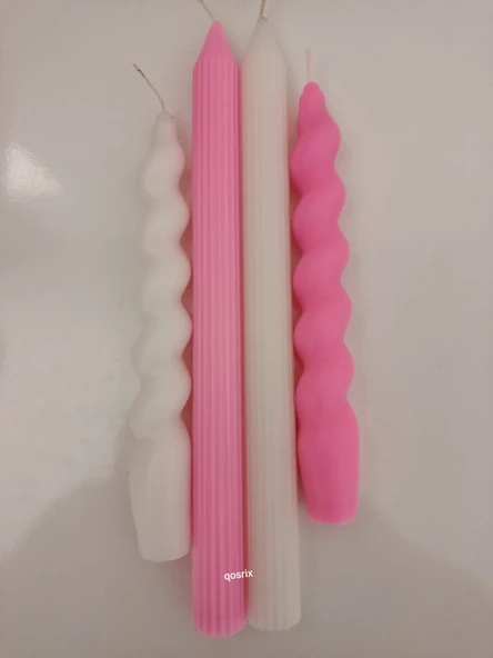 qosrix 4'lü Beyaz Pudra Pembe Italyan Burgulu Şamdan Soya Mumu Doğal Kokulu Uzun Çubuk Konik Burgu Spiral Mum