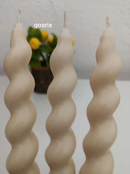 qosrix 3'lü Krem Italyan Burgulu Şamdan Soya Mumu Doğal Kokulu Uzun Çubuk Konik Burgu Spiral Mum Dekoratif - 4