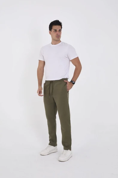 Unisex Üç İplik Basic Eşofman Özel Tasarım Pantolon - Haki - 3