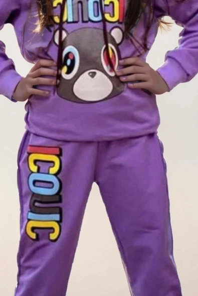 Kız Çocuk Ayıcık ve İconic Yazı Baskılı Kapüşonlu Sweatshirt Mor Eşofman Takım - 3