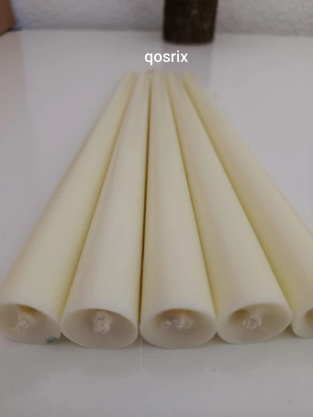 qosrix 5'li Açık Krem Şamdan Soya Mumu 1. Kalite Soya Doğal Pudra Kokulu Uzun Çubuk Konik Mum Dekoratif - 2