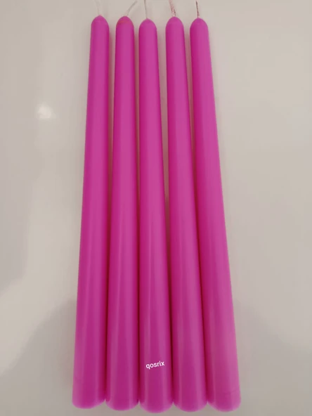 qosrix 5'li Açık Pembe Şamdan Soya Mumu 1. Kalite Soya Doğal Pudra Kokulu Uzun Çubuk Konik Mum Dekoratif - 1