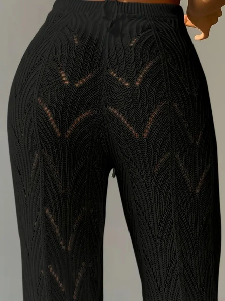 Kadın Yüksek Bel Bağcıklı Desenli Triko Plaj Pantolon - 4