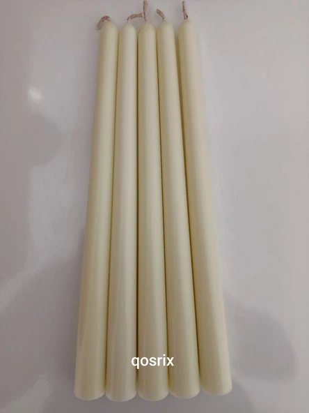 qosrix 5'li Açık Krem Şamdan Soya Mumu 1. Kalite Soya Doğal Pudra Kokulu Uzun Çubuk Konik Mum Dekoratif - 1