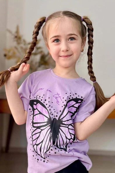 Kız Çocuk Kara Kalem Kelebek Baskılı Penye Lila T-Shirt Şortlu Takım - Resim 2