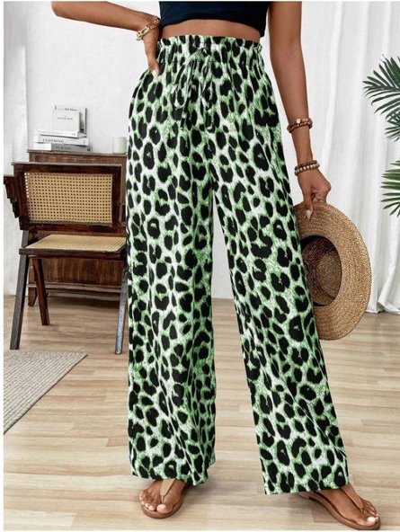 Kadın Süprem Kumaş Beli Lastikli Leopar Desen Pantolon